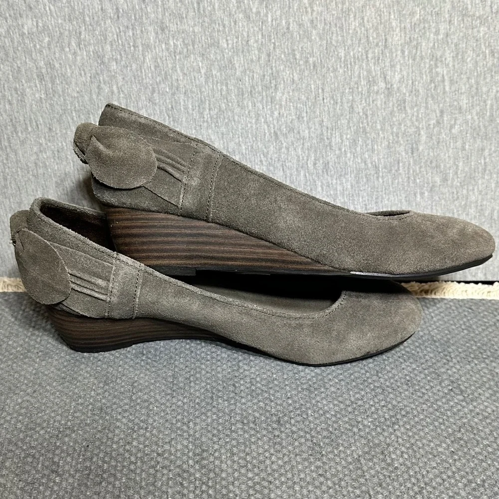 Dr. Scholls Cushion Mina Gray Suede Wedge Pumps Bow Heel arch Support